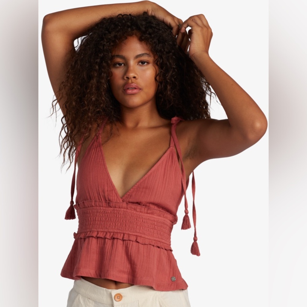 Roxy simple blossom top size small EUC burnt orange tie straps ruffle